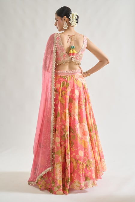 Shop_Gopi Vaid_Pink Satin, Chiffon Sequins, Zari Zainab Abstract Floral Print Lehenga Set _at_Aza_Fashions