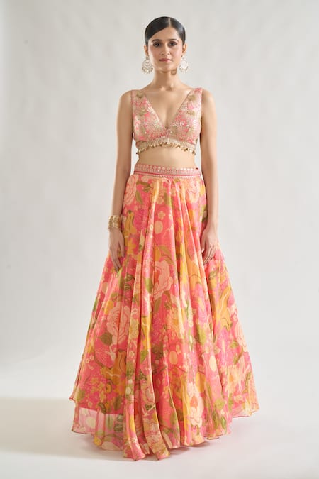 Gopi Vaid_Pink Satin, Chiffon Sequins, Zari Zainab Abstract Floral Print Lehenga Set _Online_at_Aza_Fashions