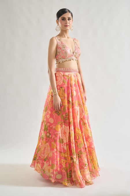 Buy_Gopi Vaid_Pink Satin, Chiffon Sequins, Zari Zainab Abstract Floral Print Lehenga Set _Online_at_Aza_Fashions