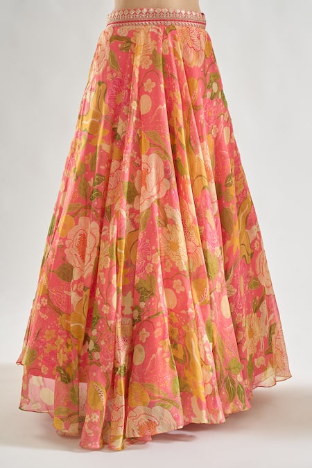 Gopi Vaid_Pink Satin, Chiffon Sequins, Zari Zainab Abstract Floral Print Lehenga Set _at_Aza_Fashions