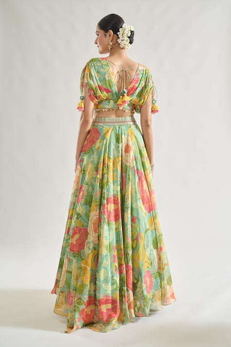 Shop Gopi Vaid Green Chiffon, Organza Sequins, Zari Tejal Flower Print Lehenga And Blouse Set at Aza Fashions Shop_Gopi Vaid_Green Chiffon, Organza Sequins, Zari Tejal Flower Print Lehenga And Blouse Set _at_Aza_Fashions