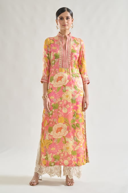 Gopi Vaid_Pink Satin, Cotton Sequins, Embroidery, Arya Garden Print Tunic And Palazzo Set _Online_at_Aza_Fashions