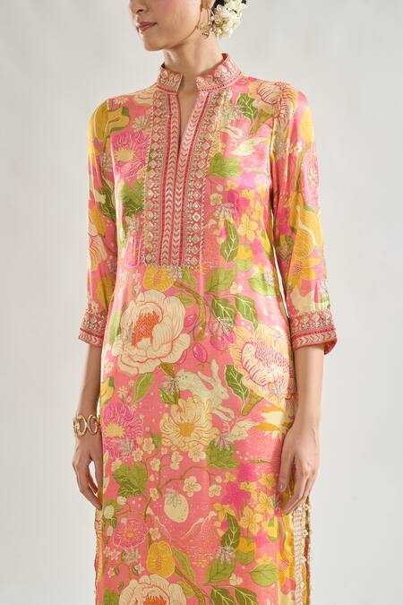 Buy_Gopi Vaid_Pink Satin, Cotton Sequins, Embroidery, Arya Garden Print Tunic And Palazzo Set _Online_at_Aza_Fashions