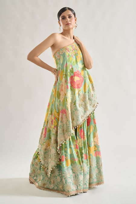 Buy_Gopi Vaid_Green Chiffon Embroidery, Cut Work Nalini Floral Print Tunic And Sharara Set _Online_at_Aza_Fashions