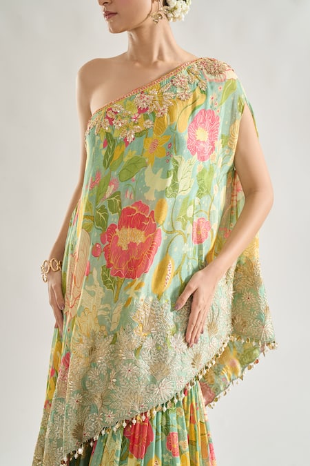 Shop_Gopi Vaid_Green Chiffon Embroidery, Cut Work Nalini Floral Print Tunic And Sharara Set _Online_at_Aza_Fashions