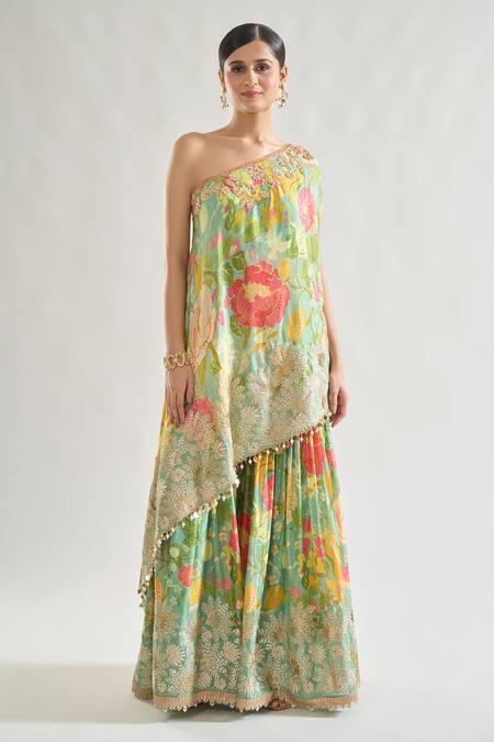 Gopi Vaid_Green Chiffon Embroidery, Cut Work Nalini Floral Print Tunic And Sharara Set _at_Aza_Fashions