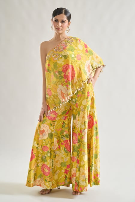 Gopi Vaid Yellow Tunic Chiffon Printed Flower Asymmetric Rishika And Flared Pant Set 