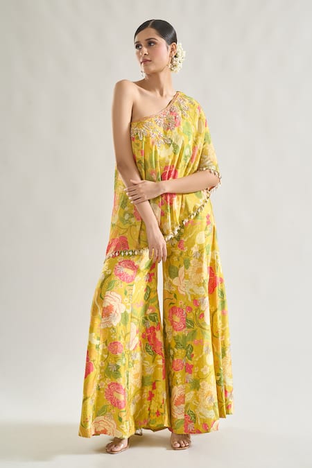 Gopi Vaid_Yellow Chiffon, Tussar Pearls, Rishika Flower Print Tunic And Flared Pant Set _Online_at_Aza_Fashions