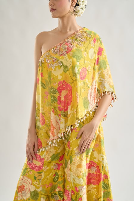 Buy_Gopi Vaid_Yellow Chiffon, Tussar Pearls, Rishika Flower Print Tunic And Flared Pant Set _Online_at_Aza_Fashions