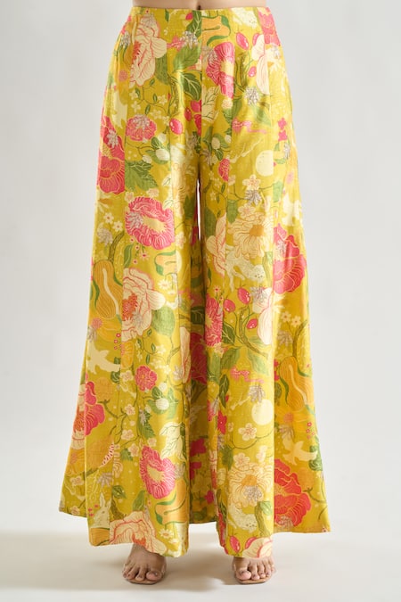 Shop_Gopi Vaid_Yellow Chiffon, Tussar Pearls, Rishika Flower Print Tunic And Flared Pant Set _Online_at_Aza_Fashions
