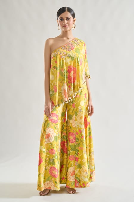 Gopi Vaid_Yellow Chiffon, Tussar Pearls, Rishika Flower Print Tunic And Flared Pant Set _at_Aza_Fashions