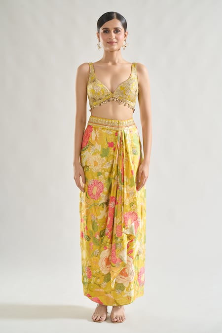 Gopi Vaid Yellow Chiffon, Satin Pearls, Sequins Saisha Badla Embroidered Cape Skirt Set Online at Aza Fashions Gopi Vaid_Yellow Chiffon, Satin Pearls, Sequins Saisha Badla Embroidered Cape Skirt Set _Online_at_Aza_Fashions