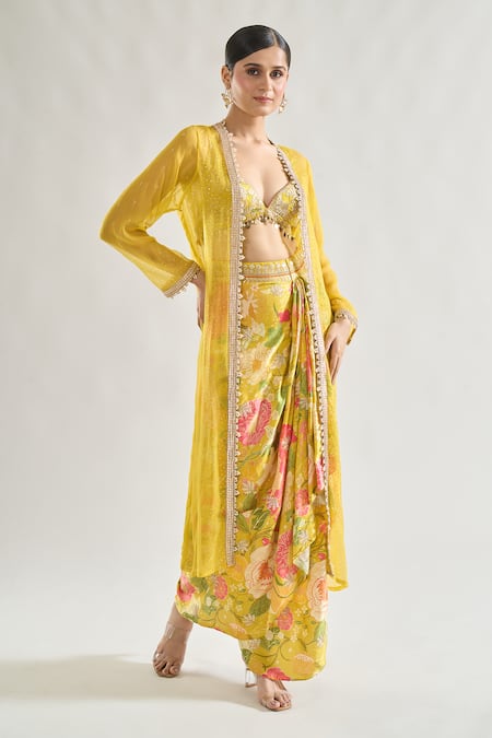 Buy Gopi Vaid Yellow Chiffon, Satin Pearls, Sequins Saisha Badla Embroidered Cape Skirt Set Online at Aza Fashions Buy_Gopi Vaid_Yellow Chiffon, Satin Pearls, Sequins Saisha Badla Embroidered Cape Skirt Set _Online_at_Aza_Fashions