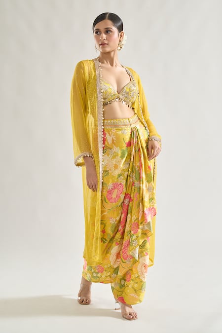 Shop Gopi Vaid Yellow Chiffon, Satin Pearls, Sequins Saisha Badla Embroidered Cape Skirt Set Online at Aza Fashions Shop_Gopi Vaid_Yellow Chiffon, Satin Pearls, Sequins Saisha Badla Embroidered Cape Skirt Set _Online_at_Aza_Fashions