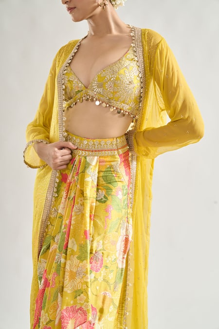 Gopi Vaid Yellow Chiffon, Satin Pearls, Sequins Saisha Badla Embroidered Cape Skirt Set at Aza Fashions Gopi Vaid_Yellow Chiffon, Satin Pearls, Sequins Saisha Badla Embroidered Cape Skirt Set _at_Aza_Fashions