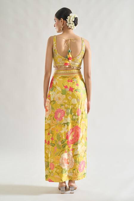 Buy Gopi Vaid Yellow Chiffon, Satin Pearls, Sequins Saisha Badla Embroidered Cape Skirt Set Buy_Gopi Vaid_Yellow Chiffon, Satin Pearls, Sequins Saisha Badla Embroidered Cape Skirt Set
