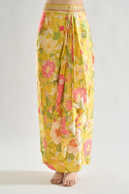 Shop Gopi Vaid Yellow Chiffon, Satin Pearls, Sequins Saisha Badla Embroidered Cape Skirt Set Shop_Gopi Vaid_Yellow Chiffon, Satin Pearls, Sequins Saisha Badla Embroidered Cape Skirt Set