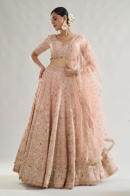 Gopi Vaid Pink Lehenga Organza Embroidery Gota Leaf Neck Anaya Floral Bridal Set 