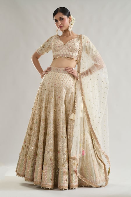 Gopi Vaid Ivory Lehenga Organza Embroidery Gota V Neck Rashi Bridal Set 