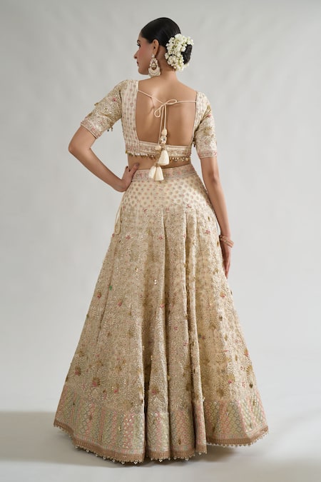 Shop_Gopi Vaid_Ivory Tussar, Net, Organza Sequins, Beads, Rashi Embroidered Bridal Lehenga Set _at_Aza_Fashions