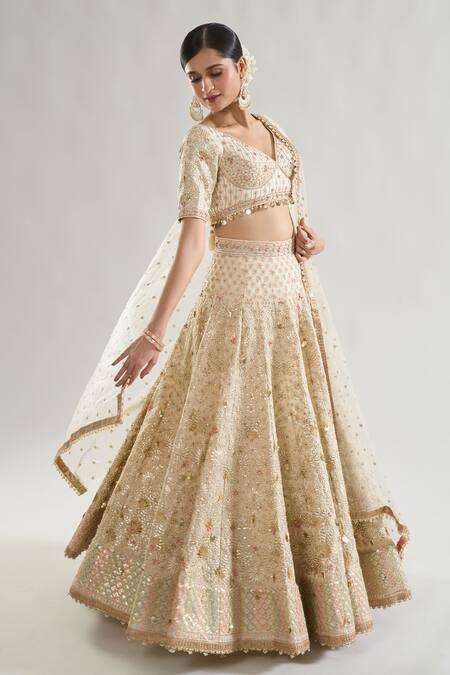 Buy_Gopi Vaid_Ivory Tussar, Net, Organza Sequins, Beads, Rashi Embroidered Bridal Lehenga Set _Online_at_Aza_Fashions