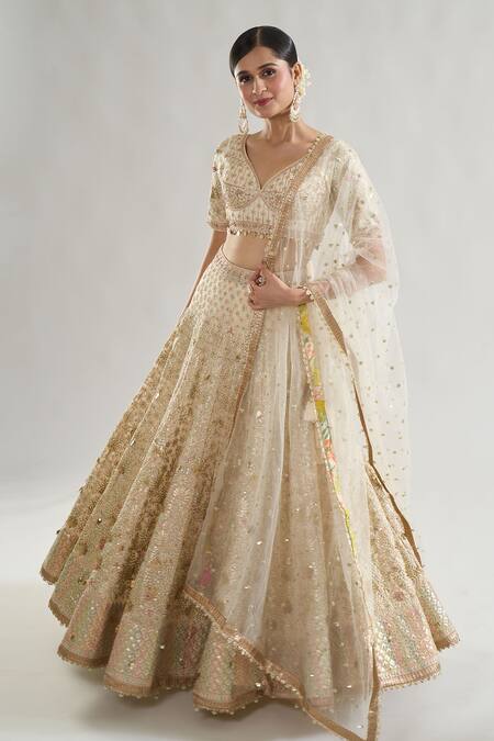 Shop_Gopi Vaid_Ivory Tussar, Net, Organza Sequins, Beads, Rashi Embroidered Bridal Lehenga Set _Online_at_Aza_Fashions