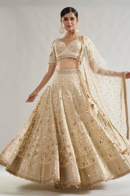 Gopi Vaid_Ivory Tussar, Net, Organza Sequins, Beads, Rashi Embroidered Bridal Lehenga Set _at_Aza_Fashions