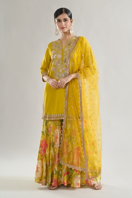 Gopi Vaid Yellow Kurta Tussar Silk Embroidery Gota Notched Anjali Leaf Sharara Set 