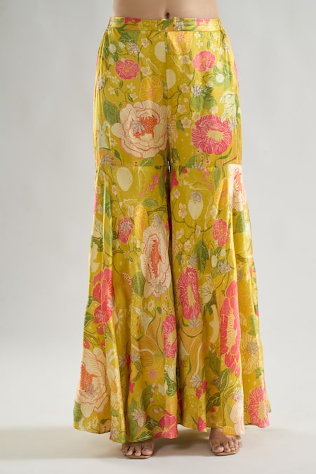 Gopi Vaid_Yellow Tussar, Satin, Net Sequins, Anjali Leaf Embroidered Kurta Sharara Set _Online_at_Aza_Fashions