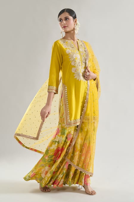 Buy_Gopi Vaid_Yellow Tussar, Satin, Net Sequins, Anjali Leaf Embroidered Kurta Sharara Set _Online_at_Aza_Fashions
