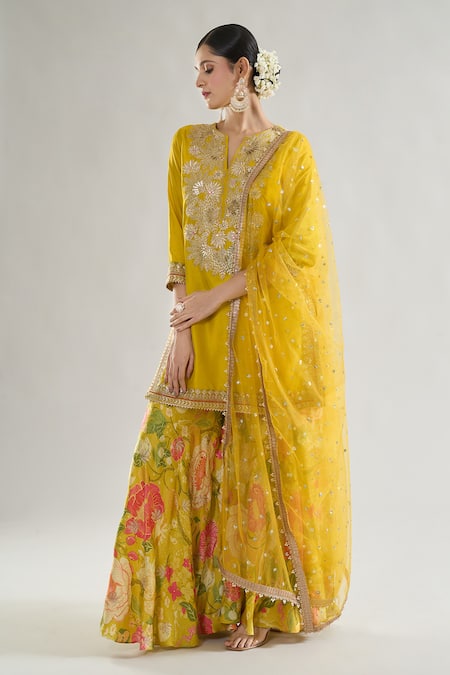Shop_Gopi Vaid_Yellow Tussar, Satin, Net Sequins, Anjali Leaf Embroidered Kurta Sharara Set _Online_at_Aza_Fashions