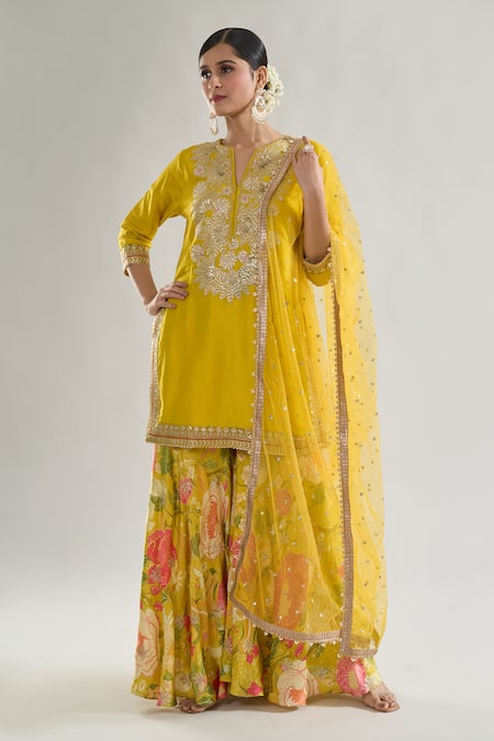 Gopi Vaid_Yellow Tussar, Satin, Net Sequins, Anjali Leaf Embroidered Kurta Sharara Set _at_Aza_Fashions
