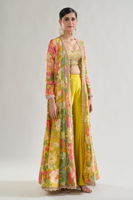 Gopi Vaid_Multi Color Chiffon, Tussar Sequins, Parul Floral Print Jacket Flared Pant Set _Online_at_Aza_Fashions