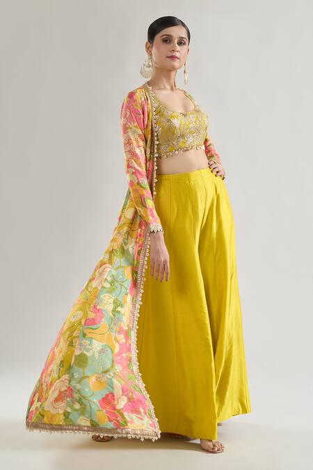 Buy_Gopi Vaid_Multi Color Chiffon, Tussar Sequins, Parul Floral Print Jacket Flared Pant Set _Online_at_Aza_Fashions