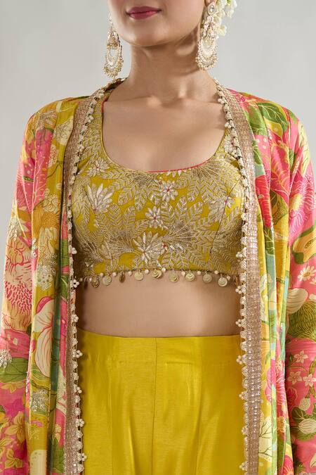 Shop_Gopi Vaid_Multi Color Chiffon, Tussar Sequins, Parul Floral Print Jacket Flared Pant Set _Online_at_Aza_Fashions