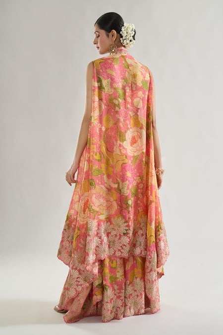 Shop Gopi Vaid Pink Chiffon Zari, Sequins Square Neck Floral Print Cape Flared Pant Set at Aza Fashions Shop_Gopi Vaid_Pink Chiffon Zari, Sequins Square Neck Floral Print Cape Flared Pant Set _at_Aza_Fashions