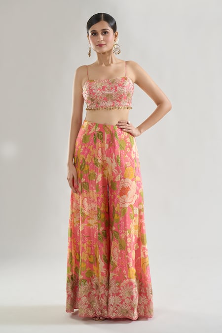 Gopi Vaid Pink Chiffon Zari, Sequins Square Neck Floral Print Cape Flared Pant Set Online at Aza Fashions Gopi Vaid_Pink Chiffon Zari, Sequins Square Neck Floral Print Cape Flared Pant Set _Online_at_Aza_Fashions