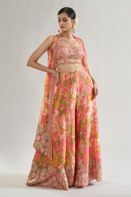 Buy Gopi Vaid Pink Chiffon Zari, Sequins Square Neck Floral Print Cape Flared Pant Set Online at Aza Fashions Buy_Gopi Vaid_Pink Chiffon Zari, Sequins Square Neck Floral Print Cape Flared Pant Set _Online_at_Aza_Fashions