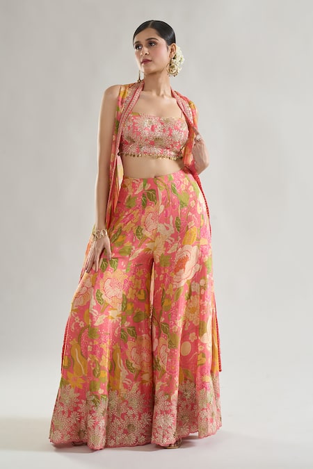 Shop Gopi Vaid Pink Chiffon Zari, Sequins Square Neck Floral Print Cape Flared Pant Set Online at Aza Fashions Shop_Gopi Vaid_Pink Chiffon Zari, Sequins Square Neck Floral Print Cape Flared Pant Set _Online_at_Aza_Fashions