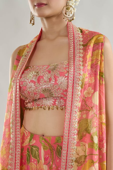 Gopi Vaid Pink Chiffon Zari, Sequins Square Neck Floral Print Cape Flared Pant Set at Aza Fashions Gopi Vaid_Pink Chiffon Zari, Sequins Square Neck Floral Print Cape Flared Pant Set _at_Aza_Fashions