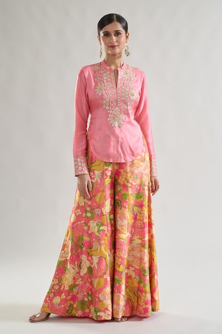 Gopi Vaid_Pink Tussar Gota Patti, Embroidery Mandarin Palomi Tunic With Flared Pant _Online_at_Aza_Fashions