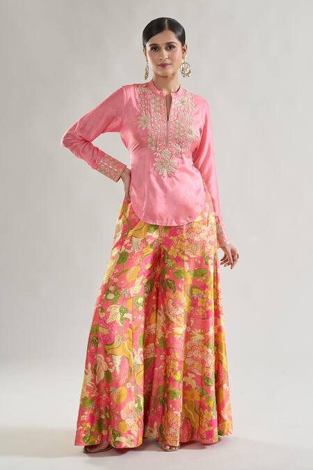 Buy_Gopi Vaid_Pink Tussar Gota Patti, Embroidery Mandarin Palomi Tunic With Flared Pant _Online_at_Aza_Fashions