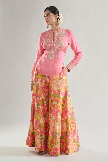 Shop_Gopi Vaid_Pink Tussar Gota Patti, Embroidery Mandarin Palomi Tunic With Flared Pant _Online_at_Aza_Fashions