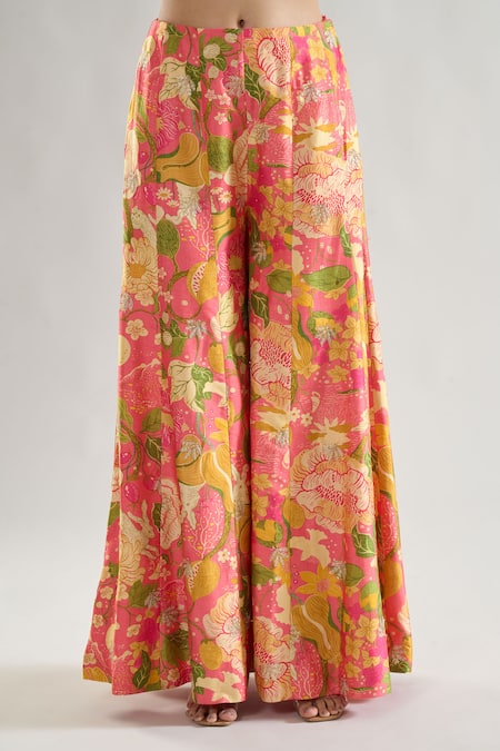 Gopi Vaid_Pink Tussar Gota Patti, Embroidery Mandarin Palomi Tunic With Flared Pant _at_Aza_Fashions