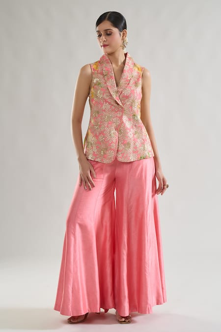 Gopi Vaid Pink Jacket Organza And Satin Print Floral Pakhi Embroidered With Flared Pant 