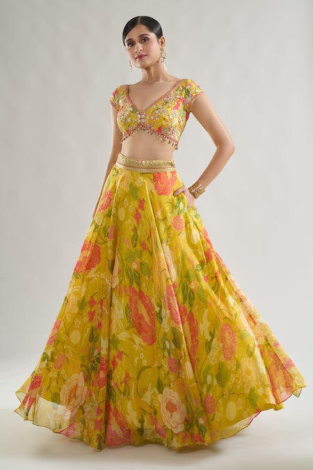 Gopi Vaid Yellow Lehenga Organza Print Floral V Neck Riddhi Bloom With Blouse 