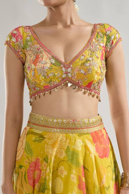 Gopi Vaid_Yellow Tussar, Organza Sequins, Riddhi Floral Bloom Print Lehenga With Blouse _Online_at_Aza_Fashions