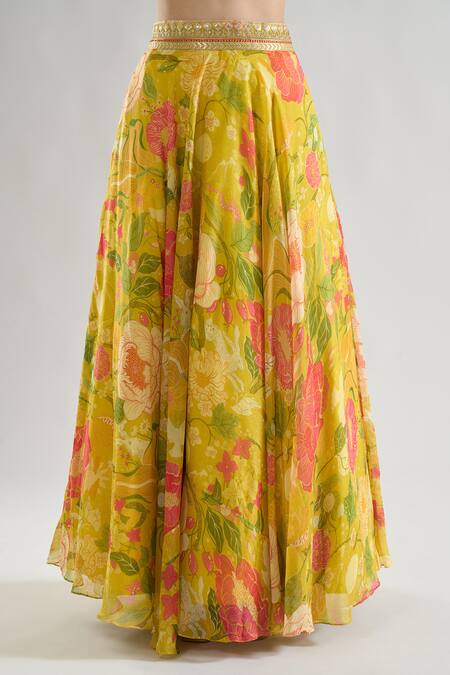 Buy_Gopi Vaid_Yellow Tussar, Organza Sequins, Riddhi Floral Bloom Print Lehenga With Blouse _Online_at_Aza_Fashions