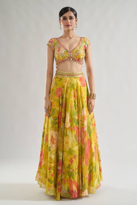 Shop_Gopi Vaid_Yellow Tussar, Organza Sequins, Riddhi Floral Bloom Print Lehenga With Blouse _Online_at_Aza_Fashions