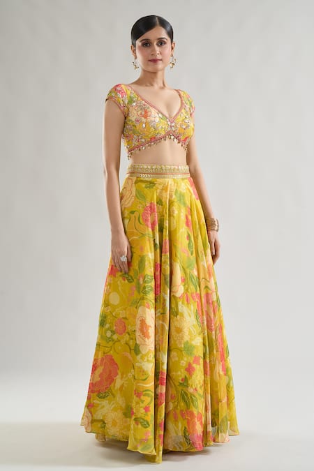 Gopi Vaid_Yellow Tussar, Organza Sequins, Riddhi Floral Bloom Print Lehenga With Blouse _at_Aza_Fashions